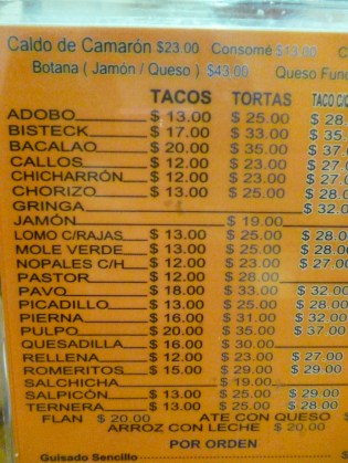 Part of the menu at Salon Corona, Mexico City 